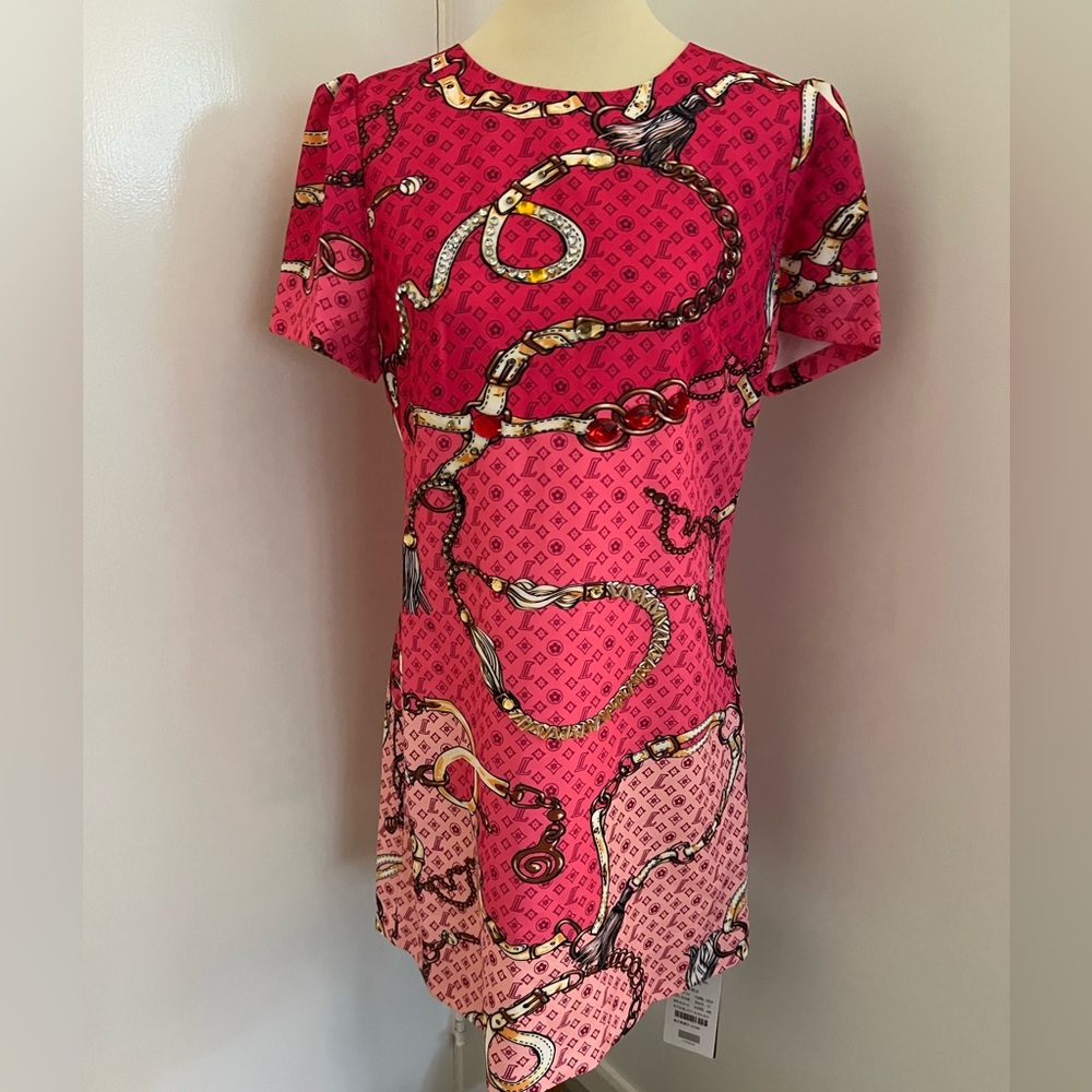Pink Graphic Jeweled Print Dress with Round Neckline